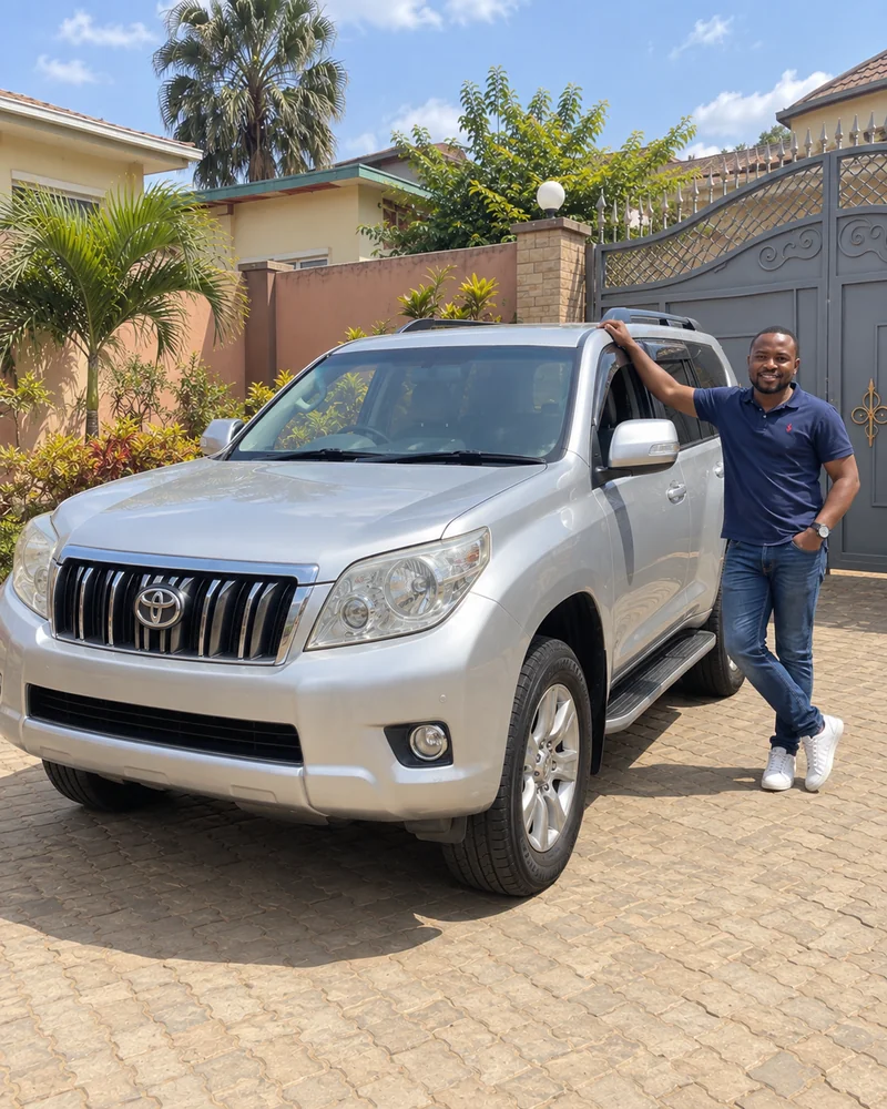Homme à côté d’un Toyota Land Cruiser Prado gris devant une maison à Lubumbashi