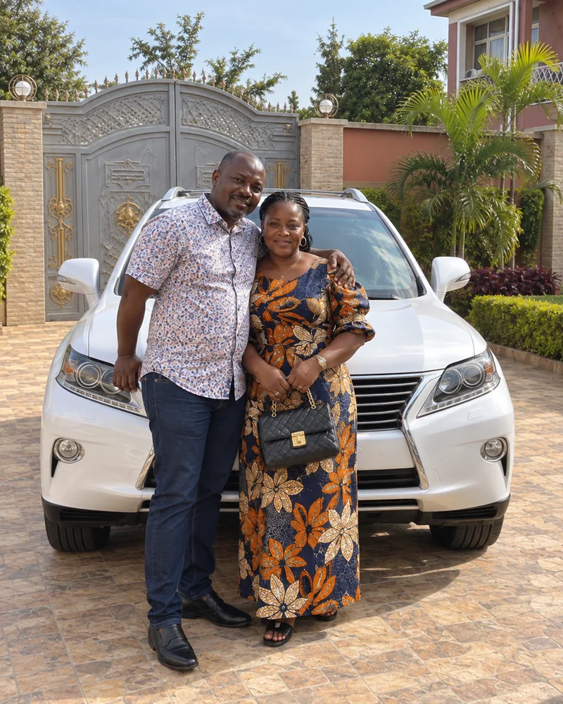 Couple devant un Lexus RX blanc dans une cour à Lubumbashi