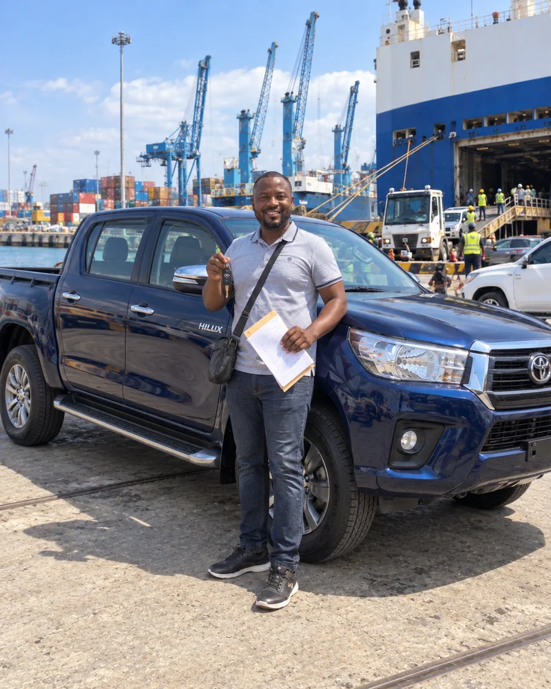 Homme avec les clés et les documents d’un Toyota Hilux bleu au port de Dar es Salaam