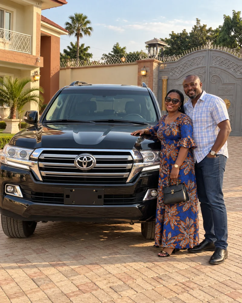 Couple à côté d’un Toyota Land Cruiser noir à Lubumbashi